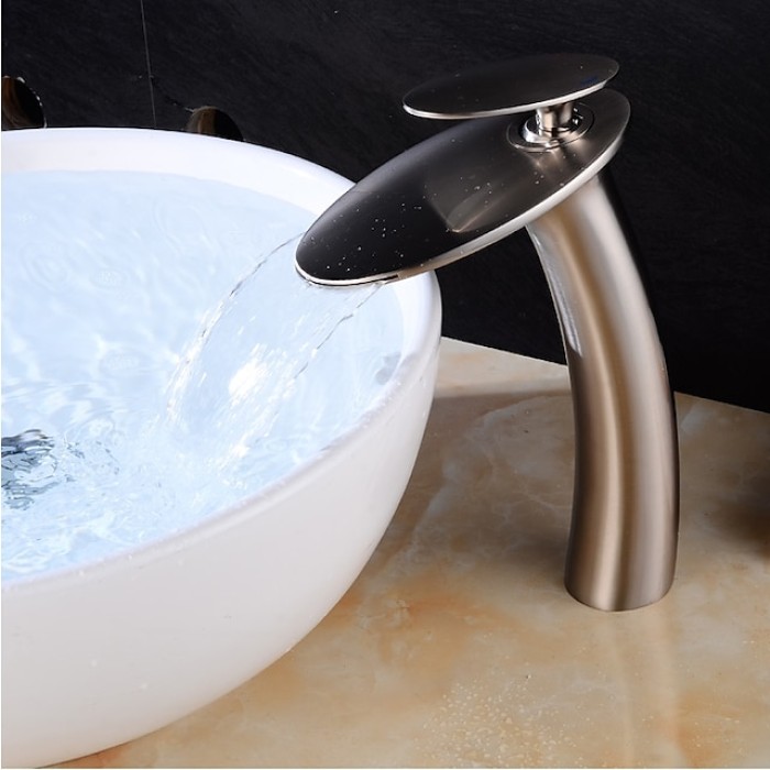 Bathroom Faucet Single Handle Silvery Waterfall Brushed Sink Faucet Contain with Cold and Hot Water Mixer