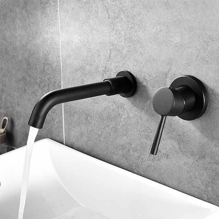 Matte Black Bathroom Sink Faucet Brass Wall Installation Basin Faucet Cold and Hot Water Mixer Tap Contemporary