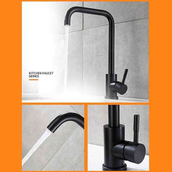 Kitchen Faucet Black Single Handle One Hole Standard Spout Kitchen Taps Polished Brass Adjustable to Cold/Hot Water