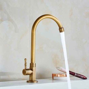 Traditional Kitchen Sink Faucet Cold Water Only, Retro Brass Single Handle Kitchen Tap Golden Electroplated Standard Spout