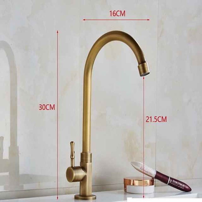 Traditional Kitchen Sink Faucet Cold Water Only, Retro Brass Single Handle Kitchen Tap Golden Electroplated Standard Spout