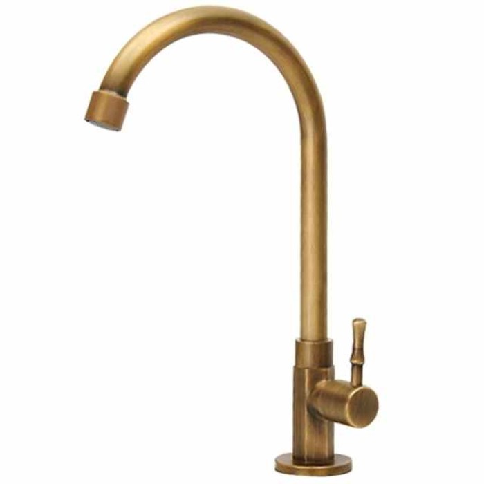 Traditional Kitchen Sink Faucet Cold Water Only, Retro Brass Single Handle Kitchen Tap Golden Electroplated Standard Spout