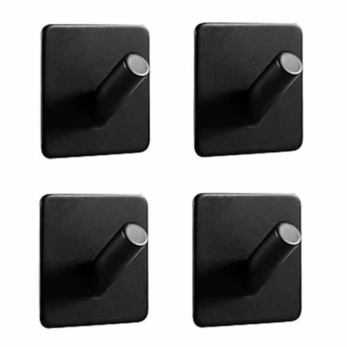 Adhesive Hooks Heavy Duty Wall Hooks 4 Packs Removable Matte Black Durable 304 Stainless Steel Wall Hangers, Waterproof Rustproof Oil Proof for Kitchen, Bathrooms, Doors, Office, Closet