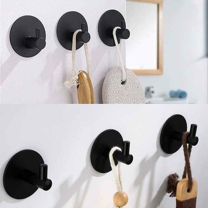 Adhesive Hooks Heavy Duty Wall Hooks 4 Packs Removable Matte Black Durable 304 Stainless Steel Wall Hangers, Waterproof Rustproof Oil Proof for Kitchen, Bathrooms, Doors, Office, Closet