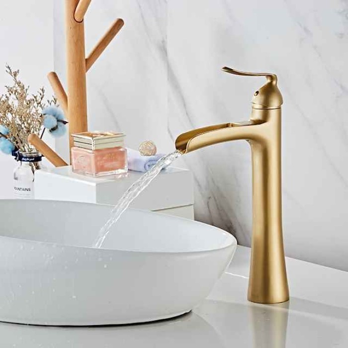 Waterfall Bathroom Faucet, Rustic Single Handle One Hole Brass Waterfall Bathroom Sink Faucet with Hot and Cold Water