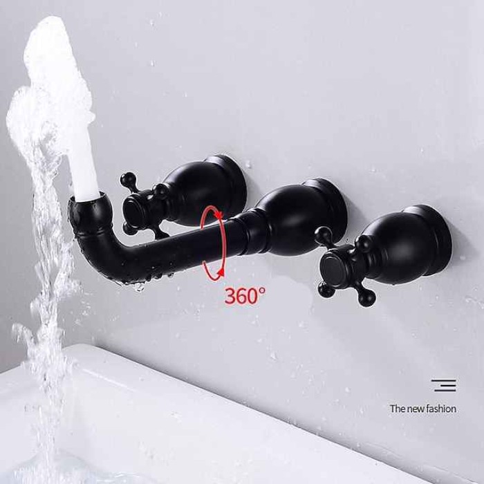 Wall Mounted Bathroom Sink Mixer Faucet, Widespread Basin Taps Vintage Brass 2 Handles 3 Holes Washroom Wash Baxin Tap with Cold Hot Water Hose Retro Antique