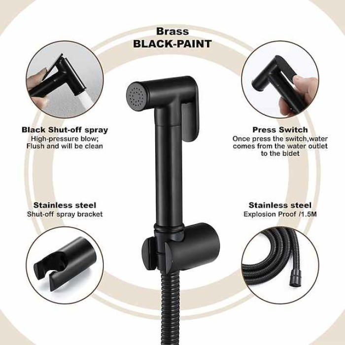 Brass Single Hole Bidet Painted Finishes Black Toilet Handheld Bidet Sprayer Self-Cleaning Contemporary Clean Spray Gun