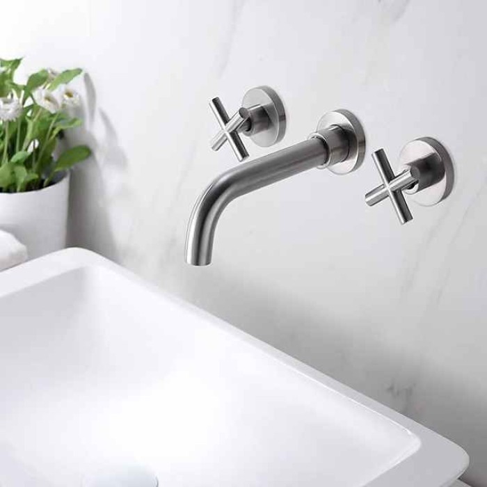 Brass Bathroom Sink Faucet，Wall Mount Widespread Rotatable Rose Gold Two Handles Three HolesBath Taps With Hot and Cold Water