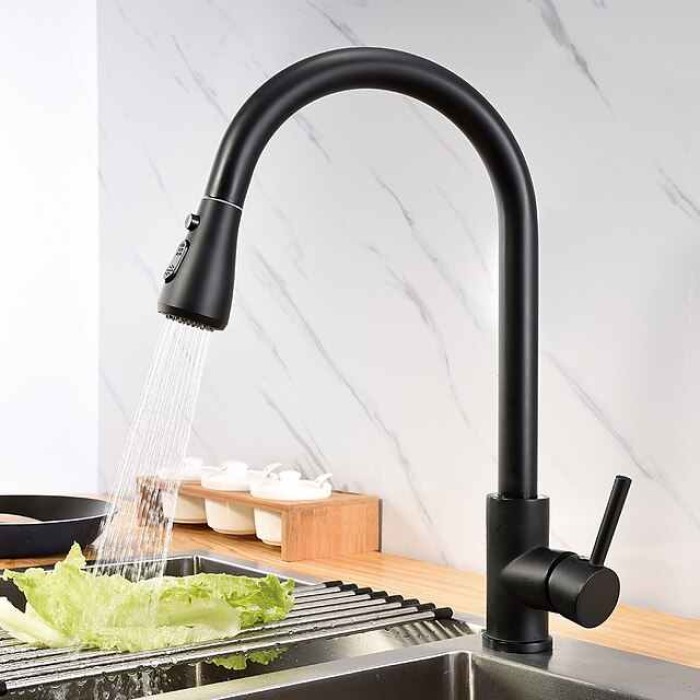 Kitchen Sink Mixer Faucet with Pull Out Sprayer Black, 360 Swivel Single Handle Kitchen Taps Deck Mounted, One Hole Brass Kitchen Sink Faucet Water Vessel Taps