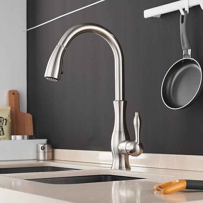 Kitchen Faucet with Sprayer Vessel Installation Brushed/Electroplated One Hole Widespread Pull Out/High Arc, Brass Kitchen Faucet Contain with Cold and Hot Water