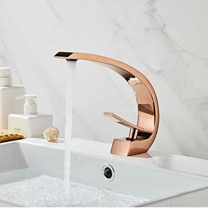 Brass Bathroom Sink Faucet Rose Gold Bend Shape Centerset Single Handle One Hole Faucet Set with Cold and Hot Water