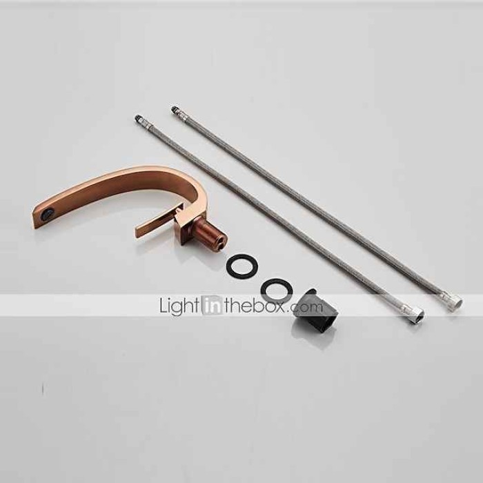 Brass Bathroom Sink Faucet Rose Gold Bend Shape Centerset Single Handle One Hole Faucet Set with Cold and Hot Water