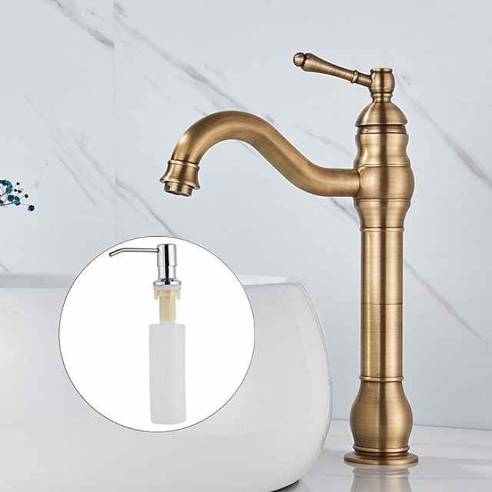 Bathroom Sink Mixer Faucet Antique Brass ORB, 360 Rotatable Basin Tap Single Handle Deck Mounted, Traditional Washroom Vessel Bath Taps