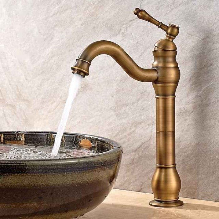 Bathroom Sink Mixer Faucet Antique Brass ORB, 360 Rotatable Basin Tap Single Handle Deck Mounted, Traditional Washroom Vessel Bath Taps