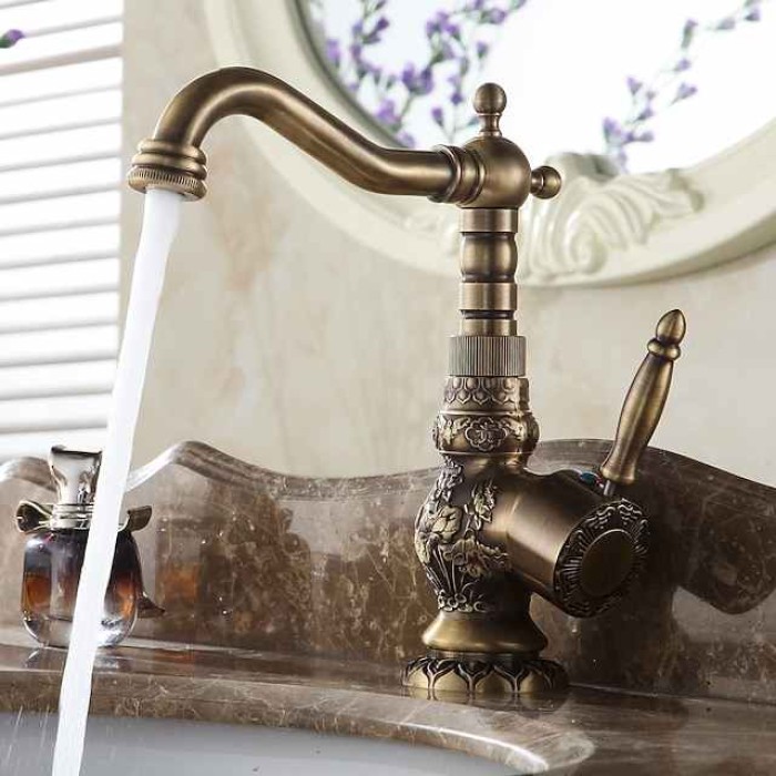 Antique Brass Bathroom Sink Mixer Faucet, Vintage Kitchen Taps Single Handle One Hole, 360 Rotatable Retro Vessel Taps with Hot and Cold Hose