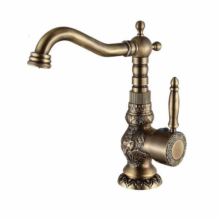 Antique Brass Bathroom Sink Mixer Faucet, Vintage Kitchen Taps Single Handle One Hole, 360 Rotatable Retro Vessel Taps with Hot and Cold Hose