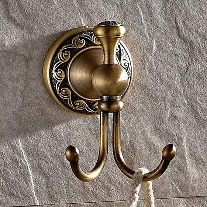 Robe Hook Antique Brass Retro Style Wall Mounted for Bathroom Double Hooks 1pc