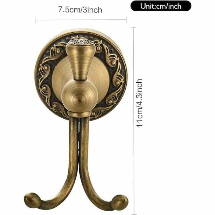 Robe Hook Antique Brass Retro Style Wall Mounted for Bathroom Double Hooks 1pc