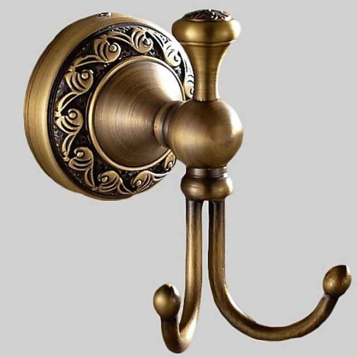 Robe Hook Antique Brass Retro Style Wall Mounted for Bathroom Double Hooks 1pc