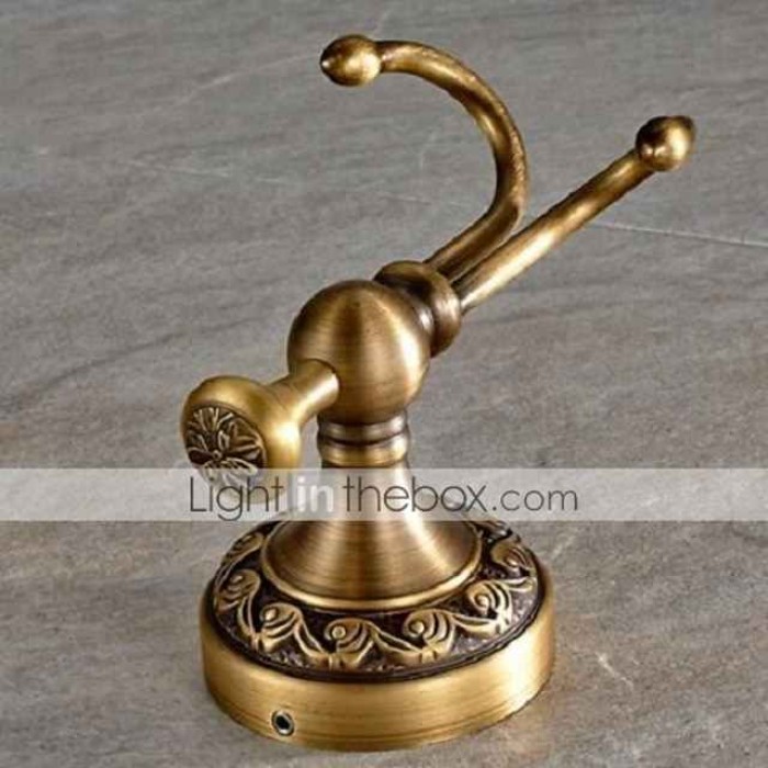 Robe Hook Antique Brass Retro Style Wall Mounted for Bathroom Double Hooks 1pc