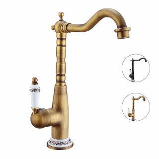 Antique Copper Kitchen Faucet,Golden/Black Single Handle One Hole Electroplated Standard Spout Centerset Antique Design Kitchen Taps with Hot and Cold Water Switch