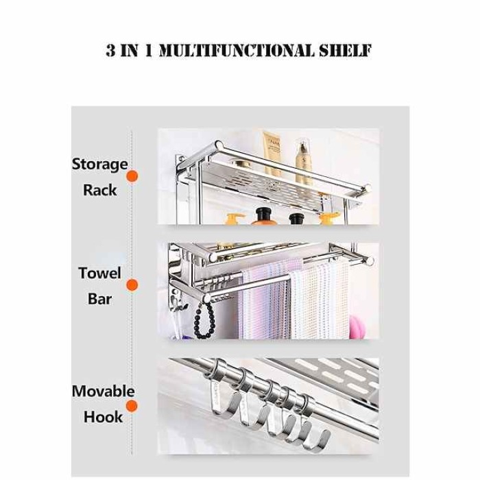 Floating Shelves With Towel Bar 1-3 Layers Premium SUS 304 Contemporary Stainless Steel 1pc Wall Mounted