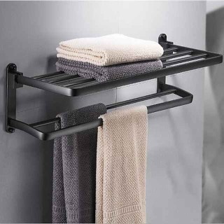 Perforation-free Space Aluminum Bathroom Shelf Foldable Towel Rack Wall mounted 2-tier Matte Black