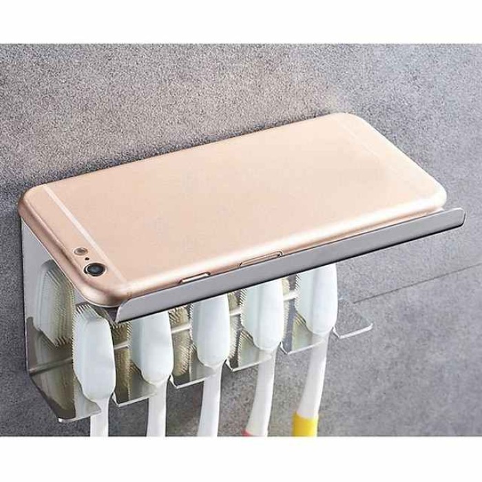 Multifunction Toothbrush Holder with Mobile Phone Storage Shelf Stainless Steel Wall Mounted Silvery 1pc