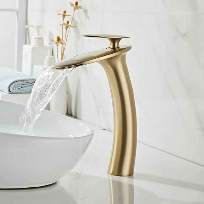 Waterfall Bathroom Sink Faucet with Supply Hose,Single Handle Single Hole Vessel Lavatory Faucet,Slanted Body Basin Mixer Tap Tall Body Commercial