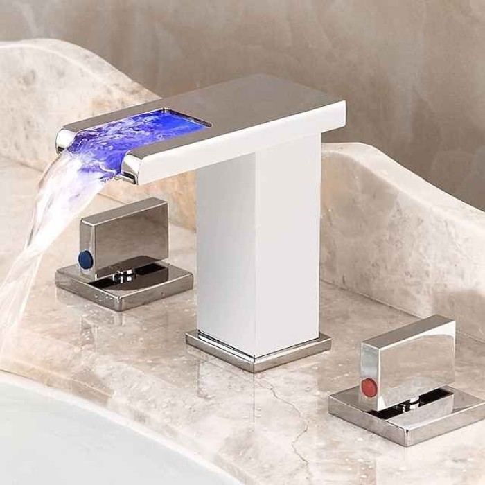 Waterfall Bathroom Sink Mixer Faucet LED Light Deck Mounted Brass, Widespread 2 Handle 3 Hole Washroom Basin Vessel Taps with Hot and Cold Water Hose