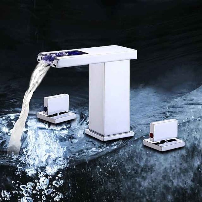 Waterfall Bathroom Sink Mixer Faucet LED Light Deck Mounted Brass, Widespread 2 Handle 3 Hole Washroom Basin Vessel Taps with Hot and Cold Water Hose