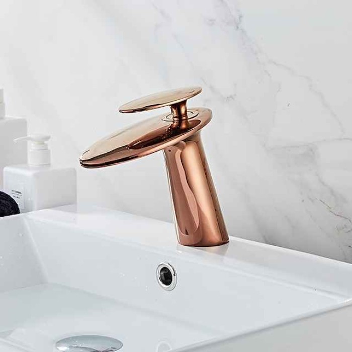 Waterfall Bathroom Sink Mixer Faucet, Monobloc Washroom Basin Taps Single Handle One Hole Deck Mounted with Hot and Cold Water Hose