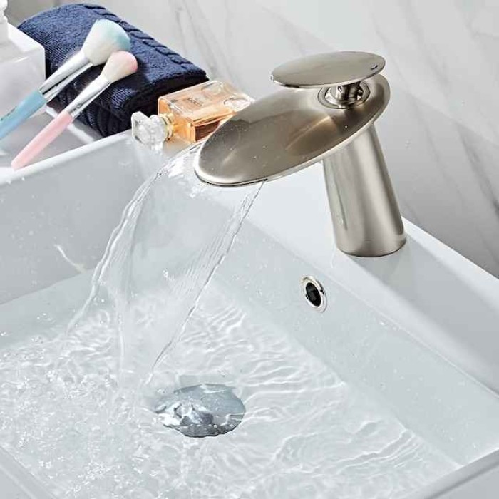 Waterfall Bathroom Sink Mixer Faucet, Monobloc Washroom Basin Taps Single Handle One Hole Deck Mounted with Hot and Cold Water Hose