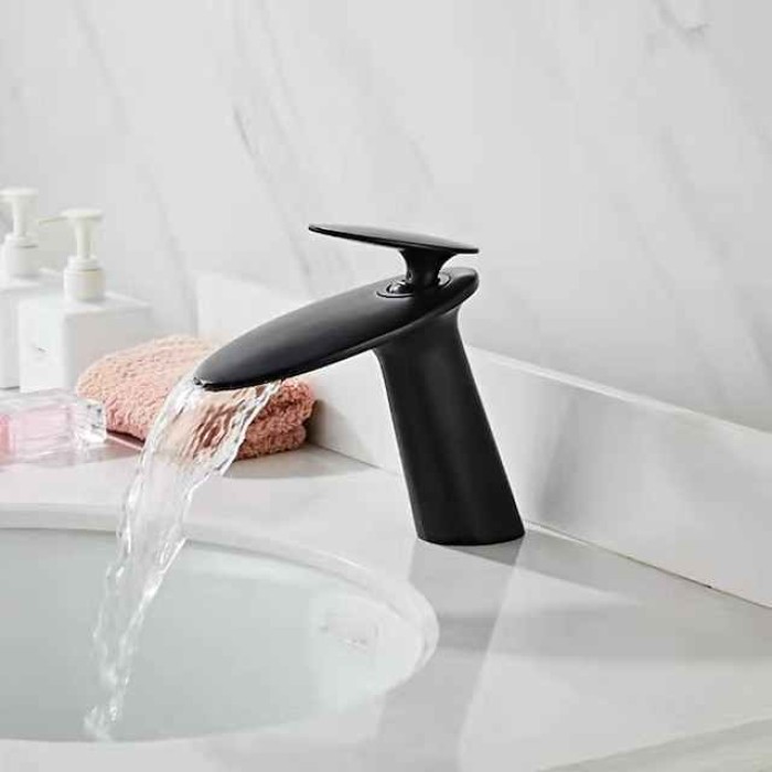 Waterfall Bathroom Sink Mixer Faucet, Monobloc Washroom Basin Taps Single Handle One Hole Deck Mounted with Hot and Cold Water Hose