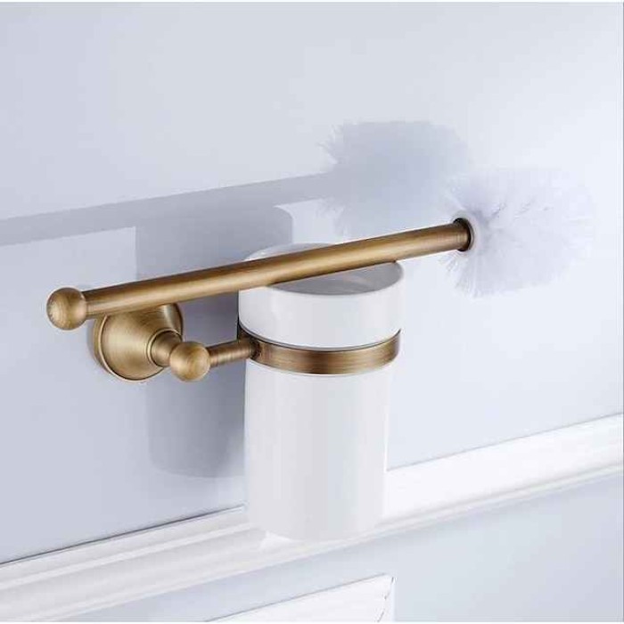 Toilet Brush with Holder,Antique Brass Ceramics Wall Mounted Rubber Painted Toilet Bowl Brush and Holder for Bathroom