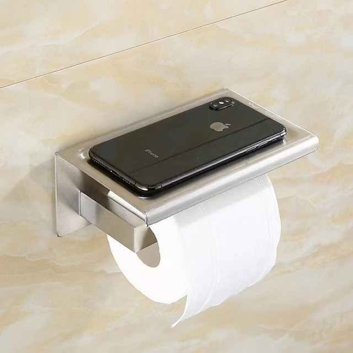 Toilet Paper Holder Wall Mounted Bathroom Tissue Roll Hanger Stainless Steel with Mobile Phone Storage Shelf Matte Black 1pc