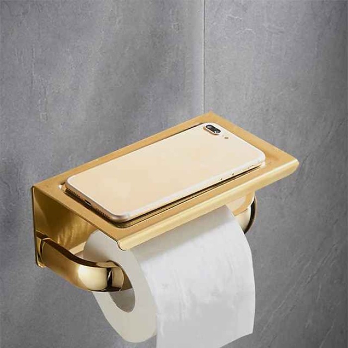 Toilet Paper Holder With Phone Shelf Polished, 304 Stainless Steel Bathroom Accessories Tissue Roll Dispenser Storage Wall Mounted