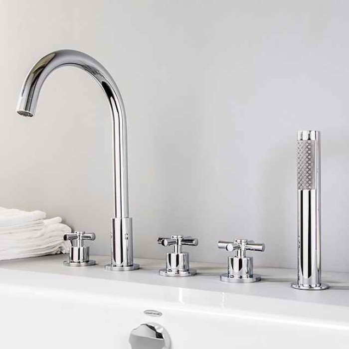 Bathtub Faucet 5 Hole Bathroom Tub Taps Deck Mounted, 3 Handle Sink Mixer Hot and Cold Bathroom Shower Faucets with Handshower Handheld Tap