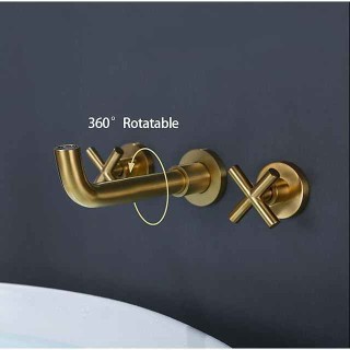 Wall Mount Bathroom Sink Mixer Faucet, Washroom Basin Brushed Gold Faucet Brass Basin Mixer Taps and Rough in Valve Included with Double Handle for Vessel Water Tap