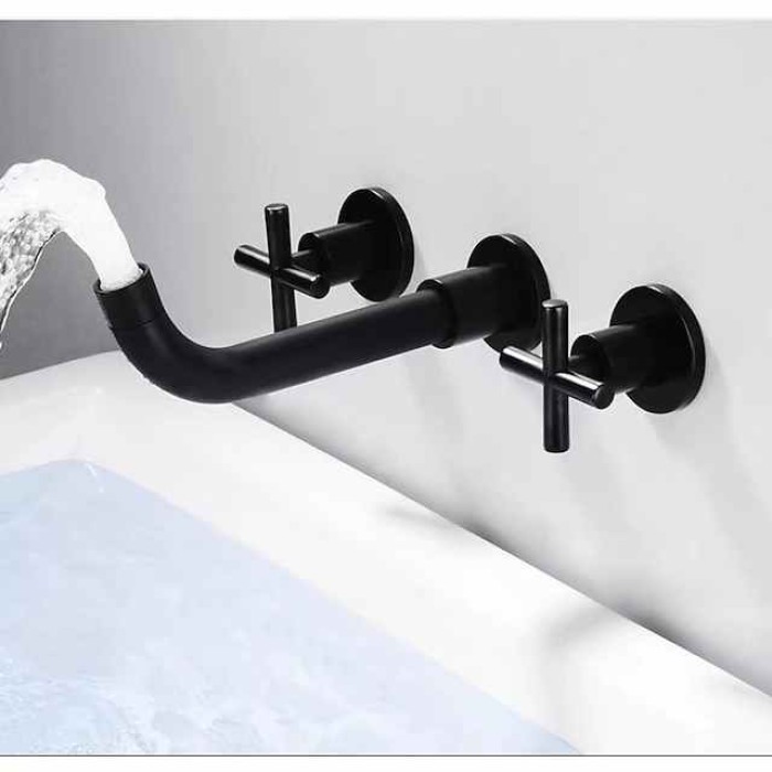 Wall Mount Bathroom Sink Mixer Faucet, Washroom Basin Brushed Gold Faucet Brass Basin Mixer Taps and Rough in Valve Included with Double Handle for Vessel Water Tap