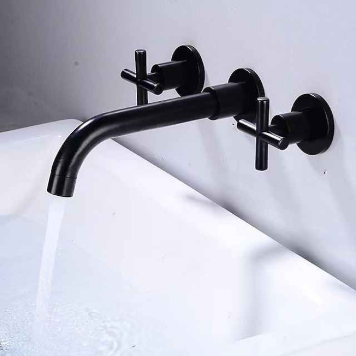 Wall Mount Bathroom Sink Mixer Faucet, Washroom Basin Brushed Gold Faucet Brass Basin Mixer Taps and Rough in Valve Included with Double Handle for Vessel Water Tap