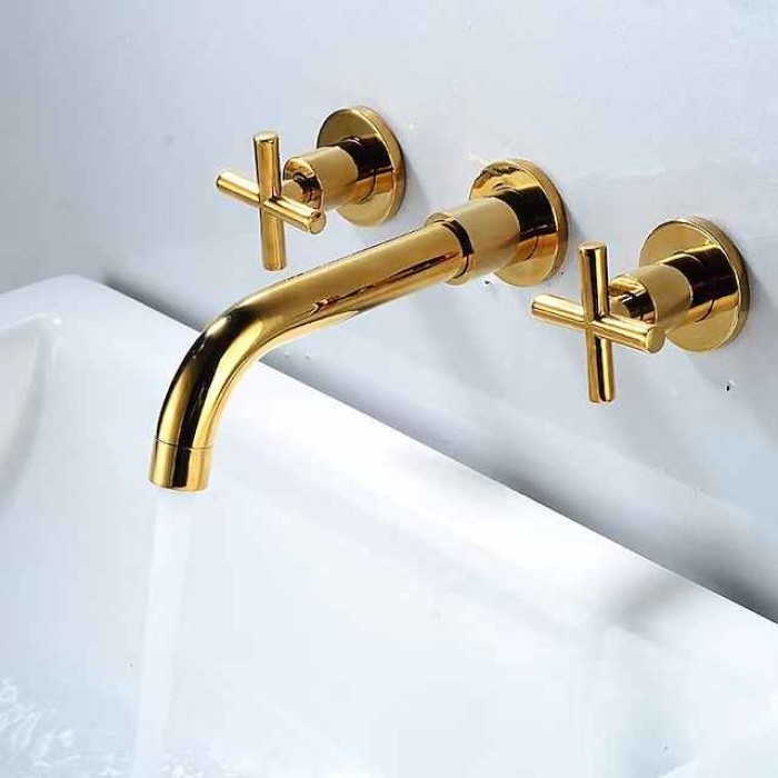 Wall Mount Bathroom Sink Mixer Faucet, Washroom Basin Brushed Gold Faucet Brass Basin Mixer Taps and Rough in Valve Included with Double Handle for Vessel Water Tap