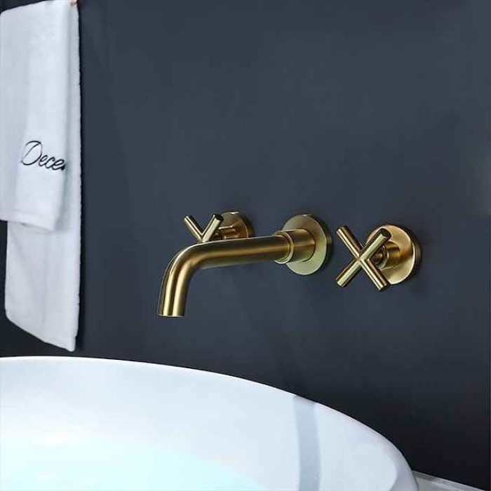 Wall Mount Bathroom Sink Mixer Faucet, Washroom Basin Brushed Gold Faucet Brass Basin Mixer Taps and Rough in Valve Included with Double Handle for Vessel Water Tap