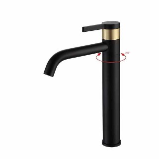 Bathroom Sink Mixer Faucet Tall, 360 Swivel Single Rotatable Handle Mono Basin Taps Deck Mounted, Washroom Monobloc Vessel Tap with Cold Hot Hose Chrome Golden Black