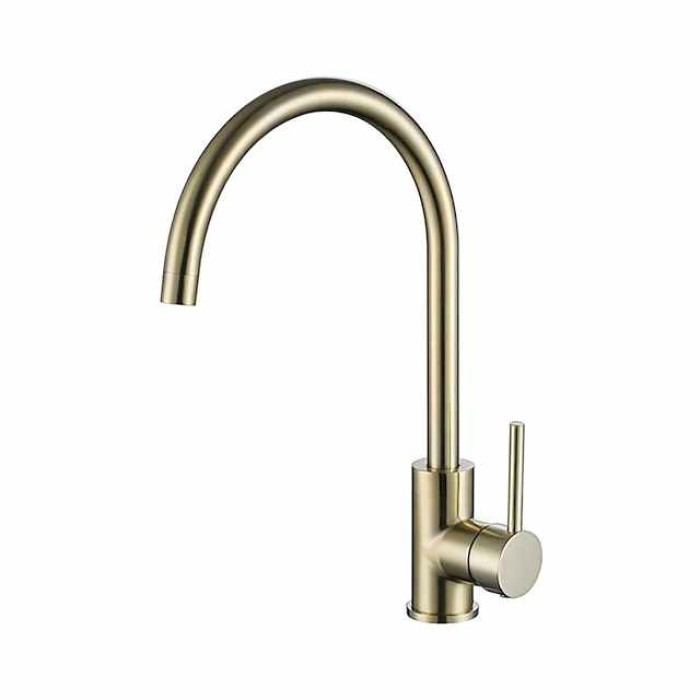 Kitchen Sink Mixer Faucet Brushed Gold Deck Mounted , 360 Swivel Single Handle Vessel Kitchen Brass Taps with Cold and Hot Water Hose