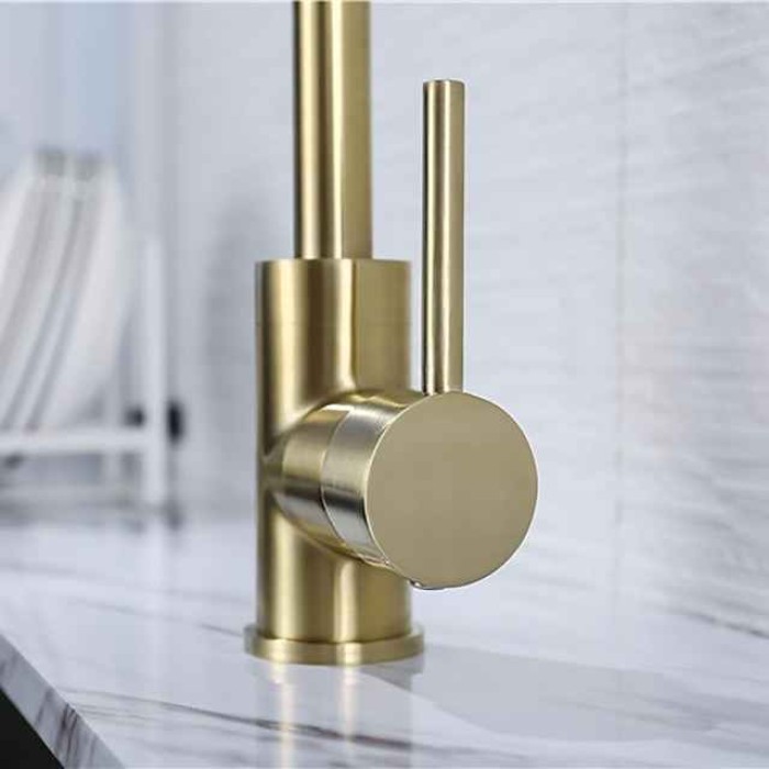 Kitchen Sink Mixer Faucet Brushed Gold Deck Mounted , 360 Swivel Single Handle Vessel Kitchen Brass Taps with Cold and Hot Water Hose