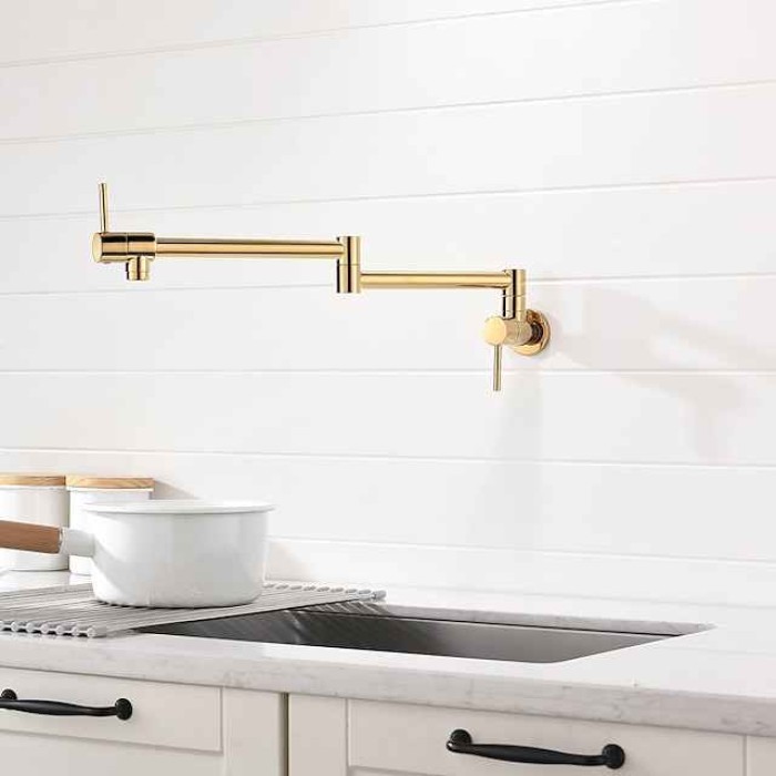 Kitchen Faucet,Wall Mounted Pot Filler Two Handles One Hole Chrome/Oil-rubbed Bronze/Brushed Foldable Pot Filler Wall Mounted Contemporary Kitchen Taps with Cold Water Only