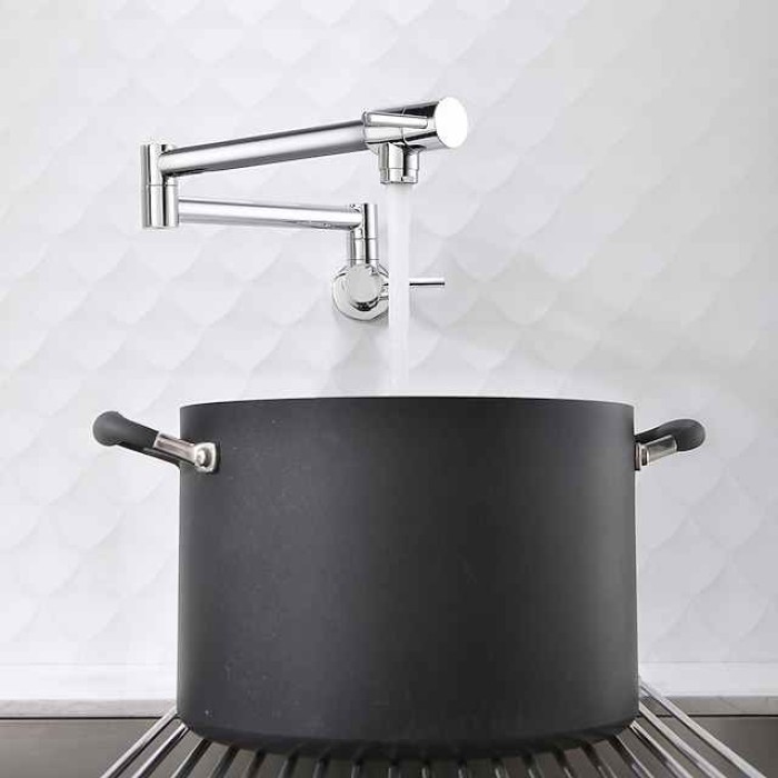 Kitchen Faucet,Wall Mounted Pot Filler Two Handles One Hole Chrome/Oil-rubbed Bronze/Brushed Foldable Pot Filler Wall Mounted Contemporary Kitchen Taps with Cold Water Only