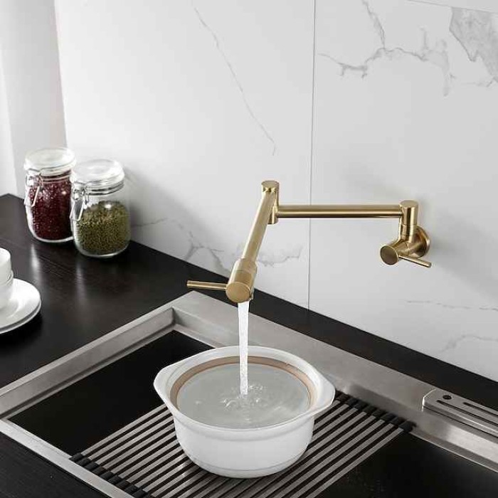 Kitchen Faucet,Wall Mounted Pot Filler Two Handles One Hole Chrome/Oil-rubbed Bronze/Brushed Foldable Pot Filler Wall Mounted Contemporary Kitchen Taps with Cold Water Only