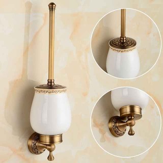 Toilet Brush with Holder,Antique Brass Ceramics  Wall Mounted Rubber Painted Toilet Bowl Brush and Holder for Bathroom